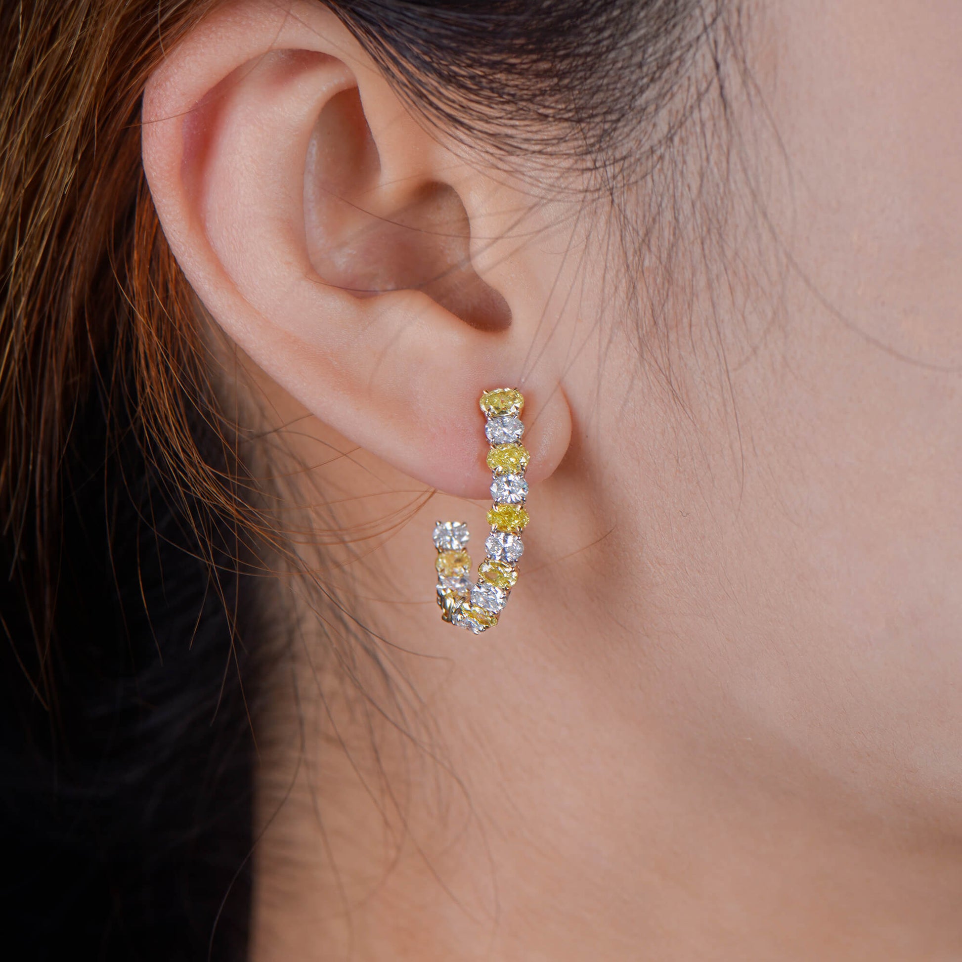 Natural Fancy Yellow & White Hoop Earrings, 18K White & Yellow Gold, Oval Shape, 4.80 Ct. TW