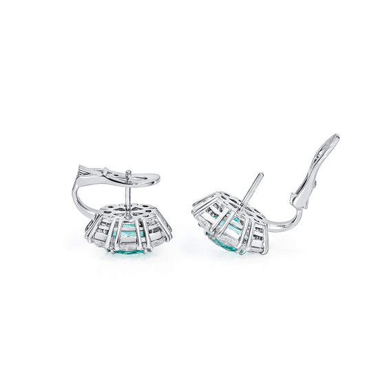 Natural Paraiba & Diamond Stud Earrings, 18K White Gold, Cushion Shape, 4.98 Ct. TW