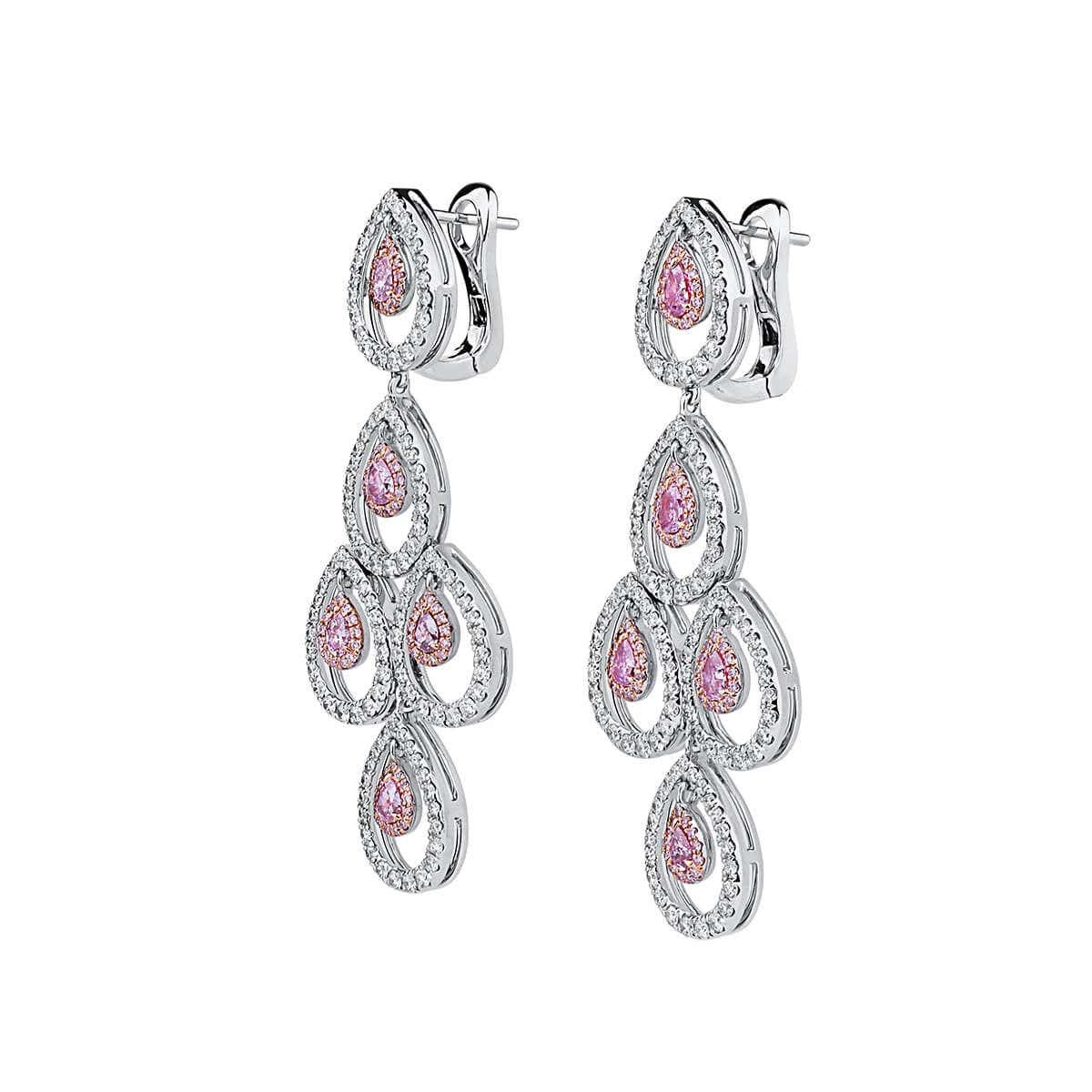 Natural Pink & White Diamond Chandelier Earrings, 18K White Gold, 2.90 Ct. TW