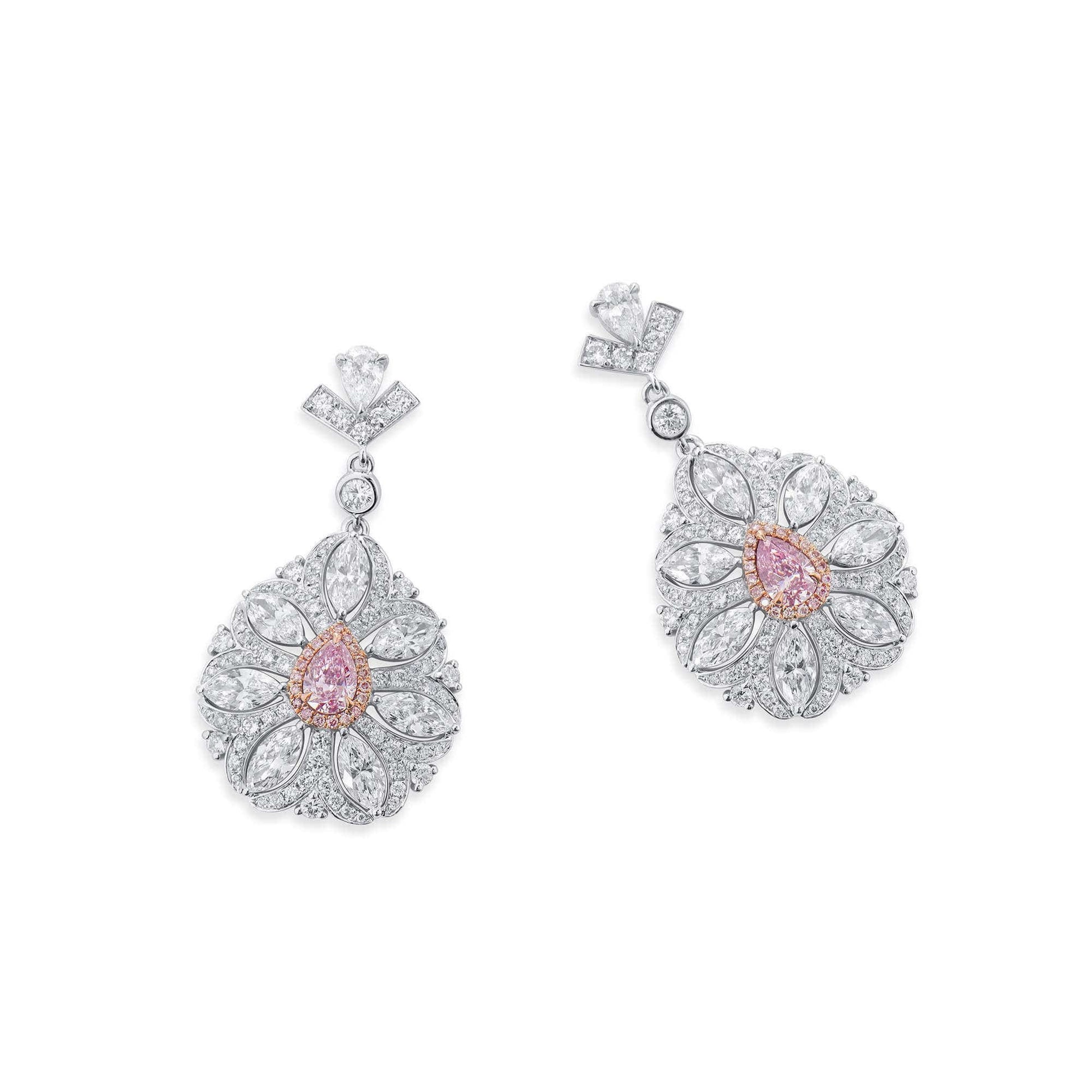 Natural Light Pink & White Diamond Drop Earrings, 18K White Gold, Pear Shape, 5.31 Ct. TW