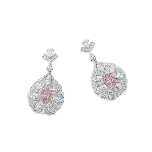 Natural Light Pink & White Diamond Drop Earrings, 18K White Gold, Pear Shape, 5.31 Ct. TW