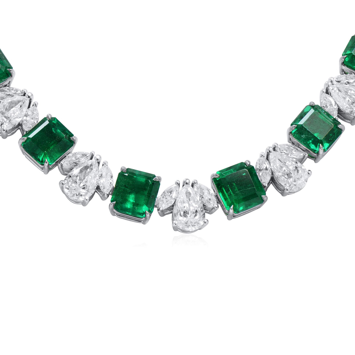 Natural 41.43 Ct. TW Emerald & Diamond Chain Necklace, 18K White Gold