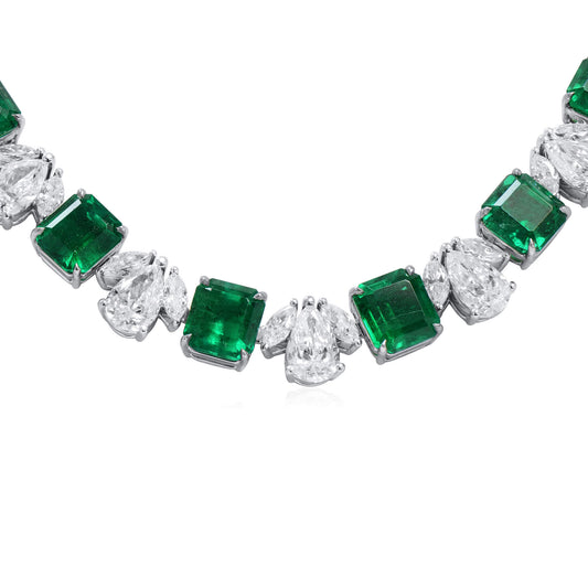 Natural 41.43 Ct. TW Emerald & Diamond Chain Necklace, 18K White Gold