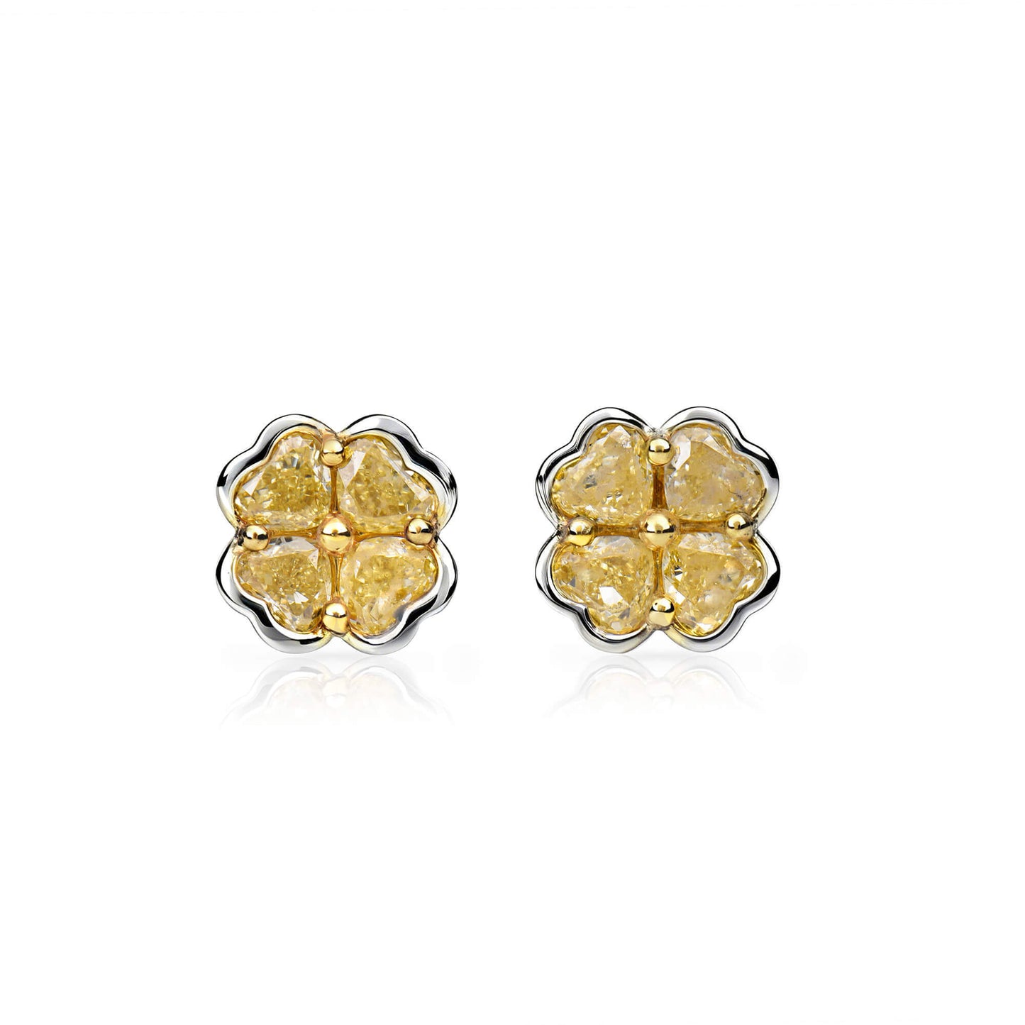 Natural 1.37 Ct. TW Fancy Intense Yellow Heart-Shaped Diamond Clover Stud Earrings, 14K White Gold