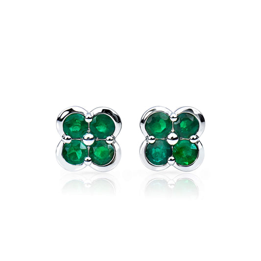 Natural 0.67 Ct. TW Emerald Clover Stud Earrings, 14K White Gold