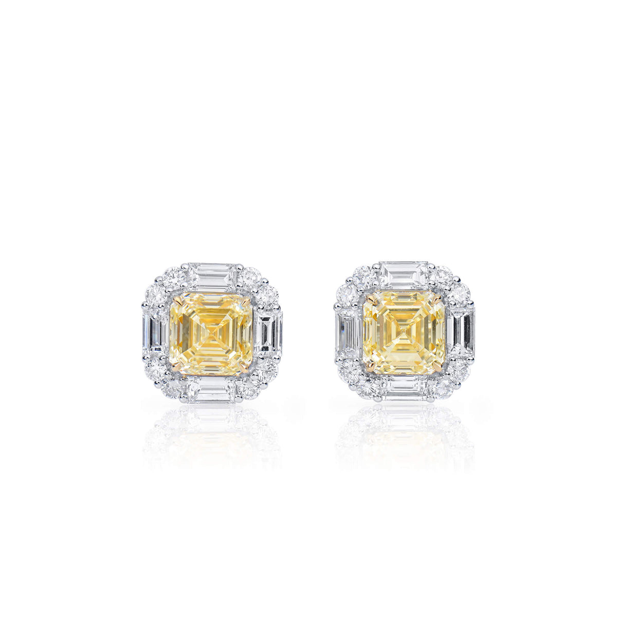 Natural 5.93 Ct. TW Yellow (O-P) Asscher-Cut Diamond Halo Earrings, 18K White Gold