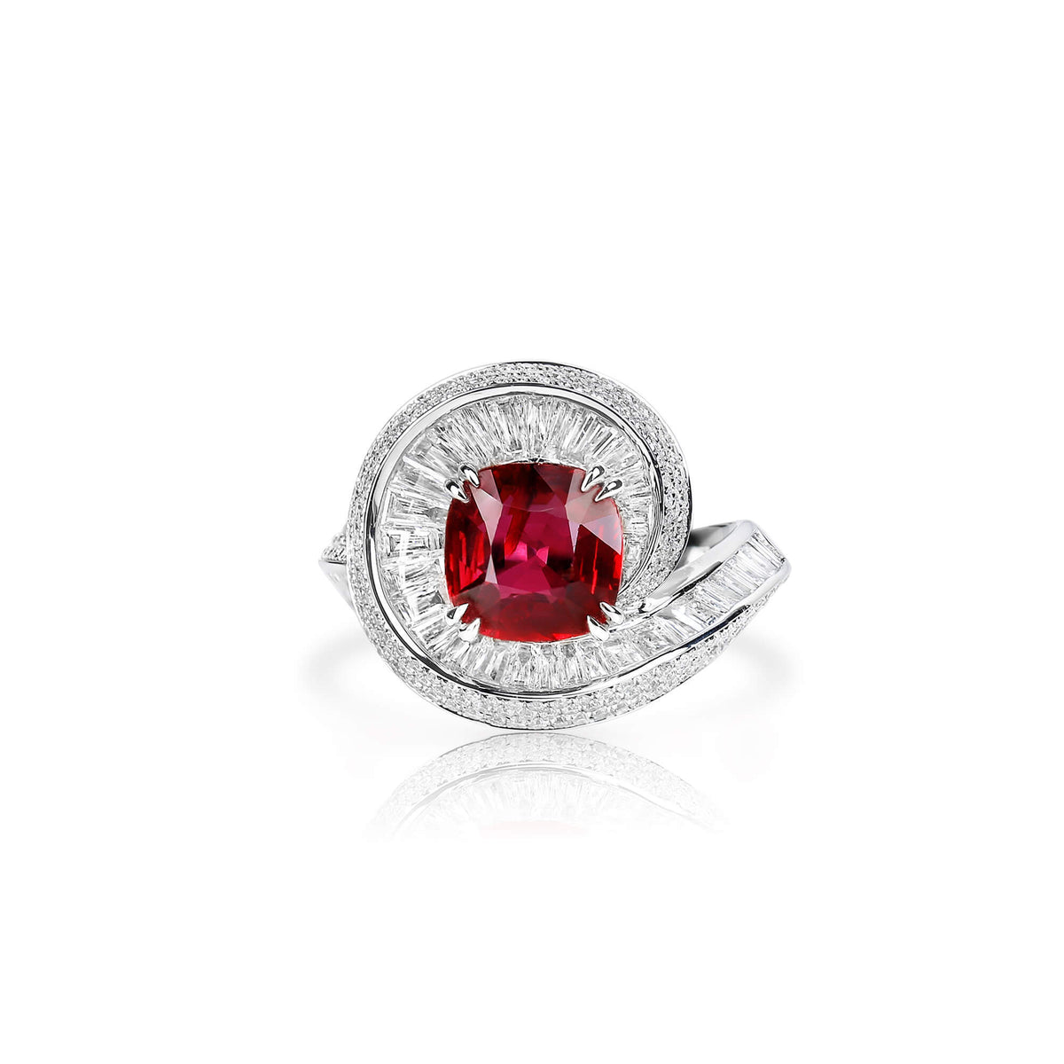 Natural 4.88 Ct. TW Cushion-Cut Vivid Red Ruby & Diamond Ring, 18K White Gold
