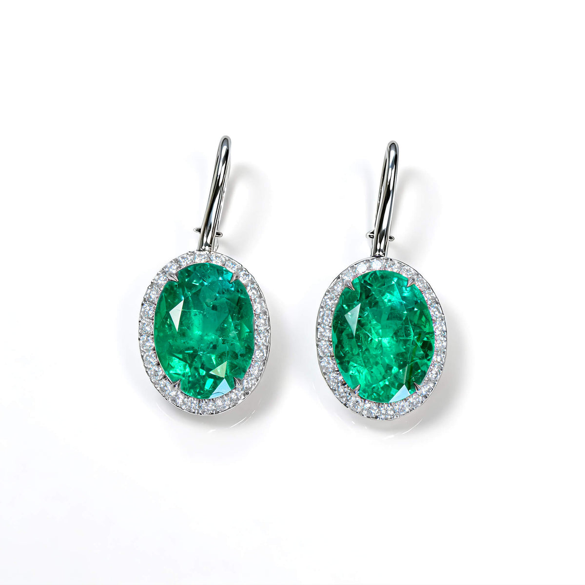 Natural 18.33 Ct. Oval-Cut Colombian Emerald & Diamond Drop Earrings, 18K White Gold
