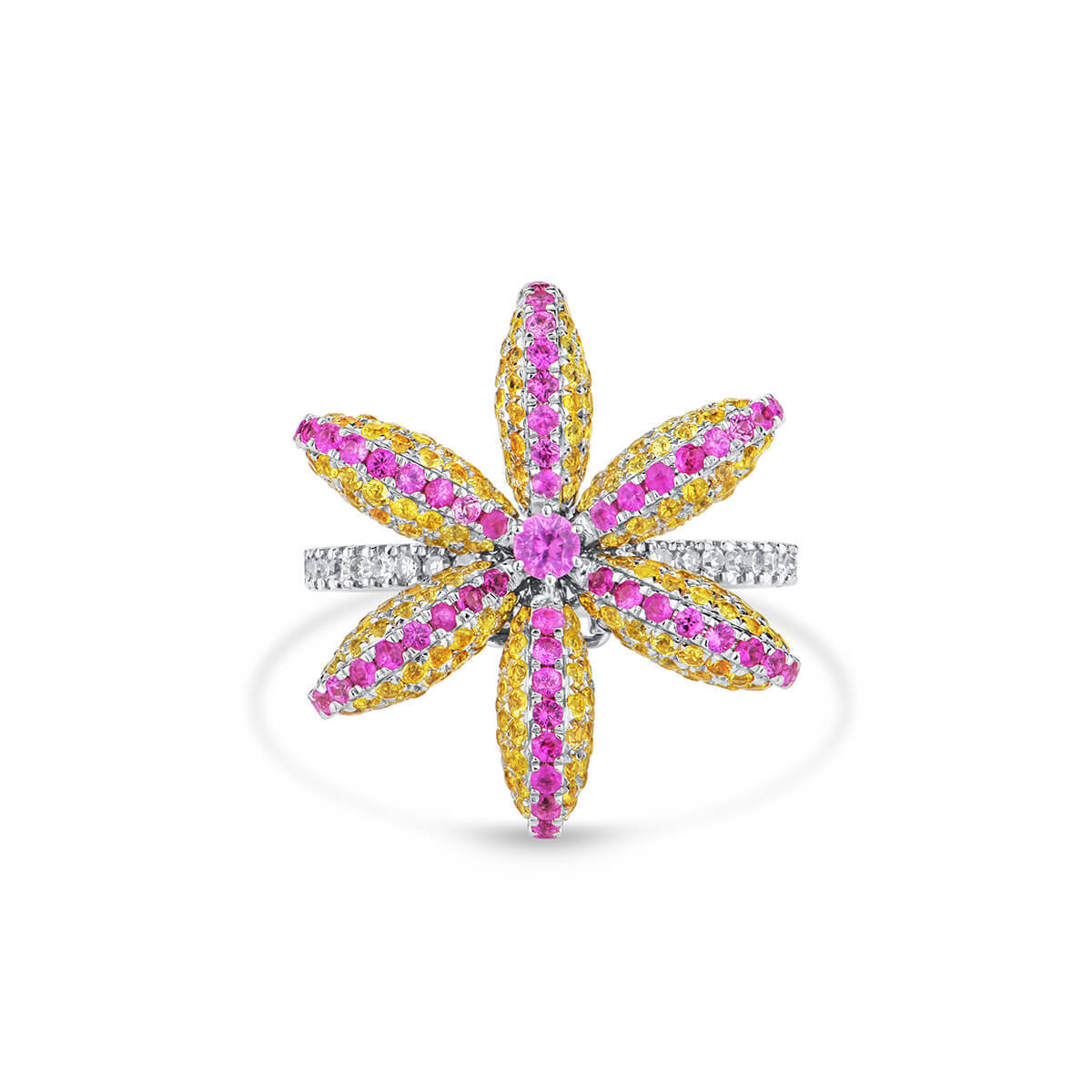 Natural 3.71 Ct. TW Pink & Yellow Sapphire Flower Ring, 18K White Gold