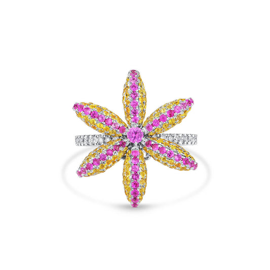 Natural 3.71 Ct. TW Pink & Yellow Sapphire Flower Ring, 18K White Gold