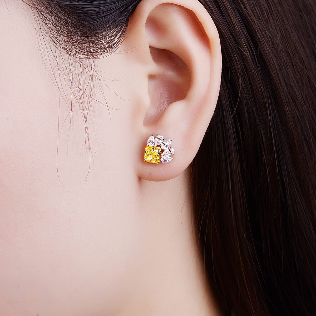 Natural Fancy Yellow & White Cluster Earrings, 18K White Gold, Cushion & Pear Shape, 2.80 Ct. TW