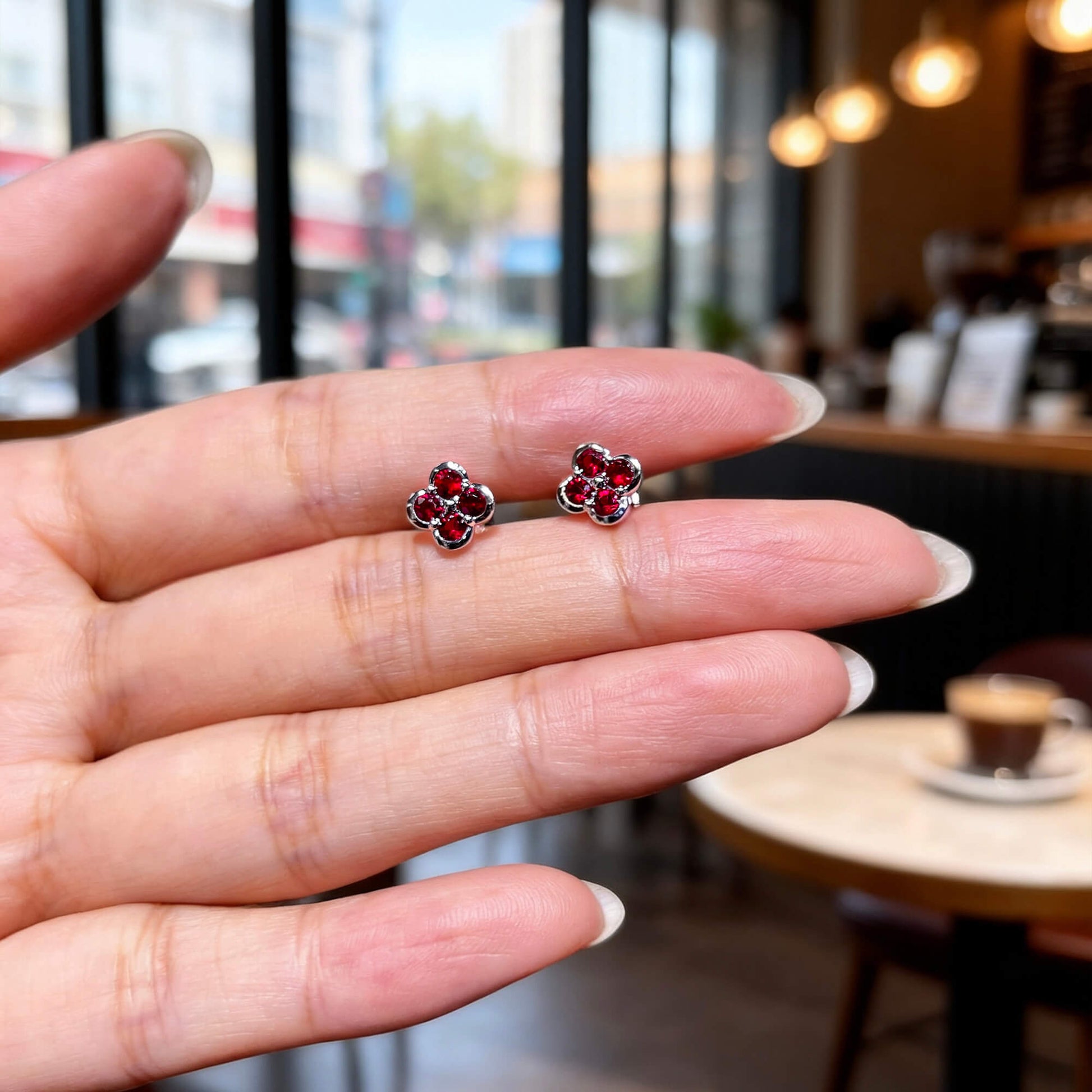 Natural 0.83 Ct. TW Ruby Clover Stud Earrings, 14K White Gold