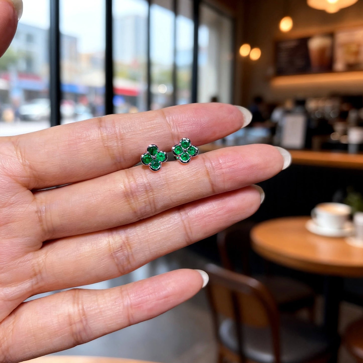 Natural 0.67 Ct. TW Emerald Clover Stud Earrings, 14K White Gold