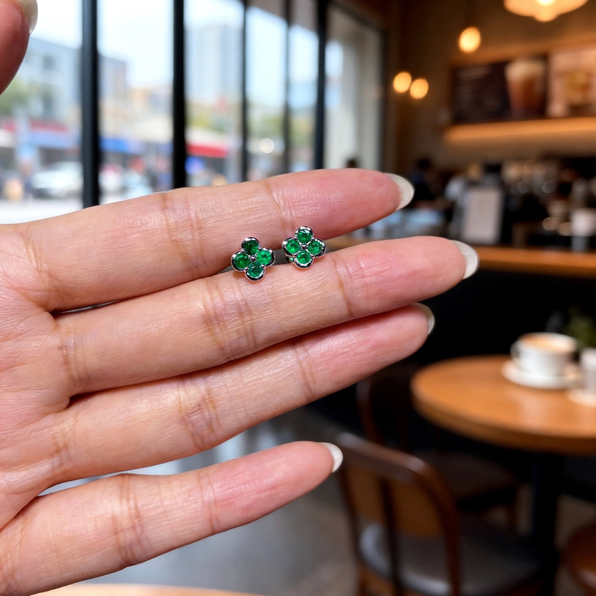 Natural 0.67 Ct. TW Emerald Clover Stud Earrings, 14K White Gold