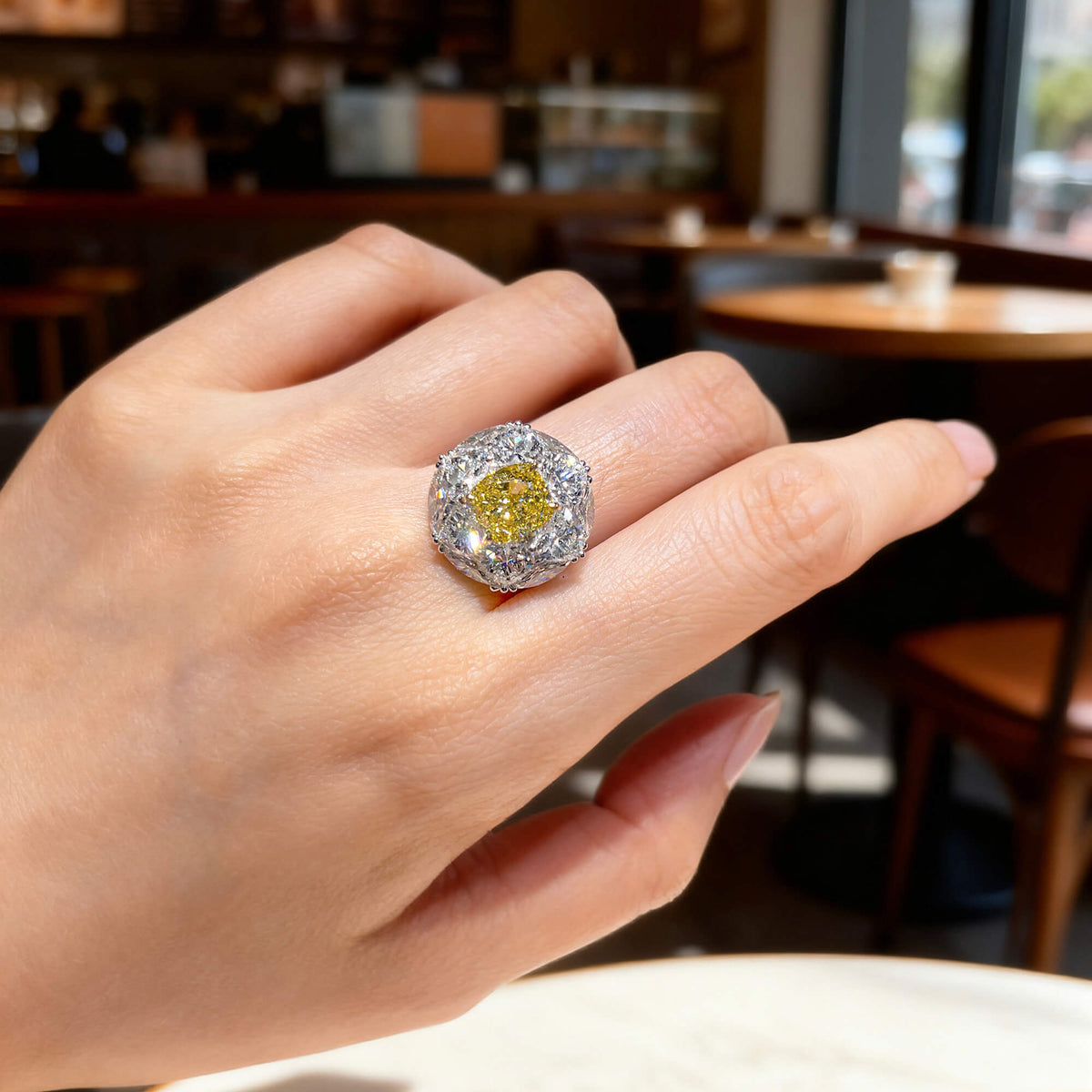 Natural 3.07 Ct. Fancy Intense Yellow Cushion-Cut Diamond Ring, 18K White Gold