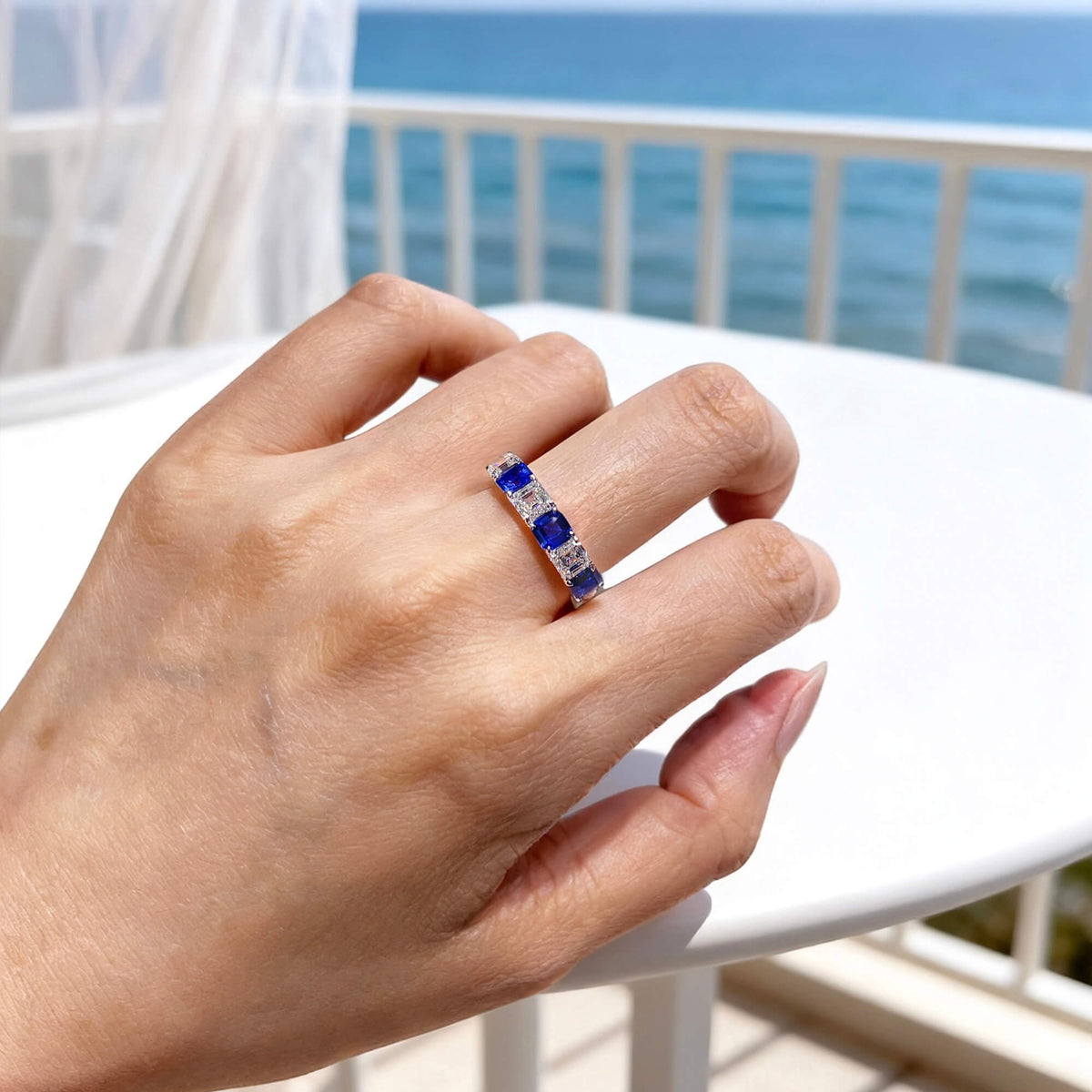 Natural 2.82 Ct. TW Asscher-Cut Sapphire & Diamond Ring, 18K White Gold