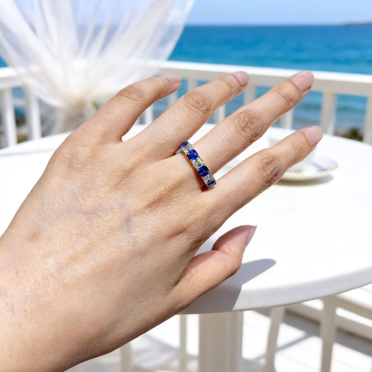 Natural 3.59 Ct. TW Asscher-Cut Sapphire & Diamond Ring, 18K White Gold