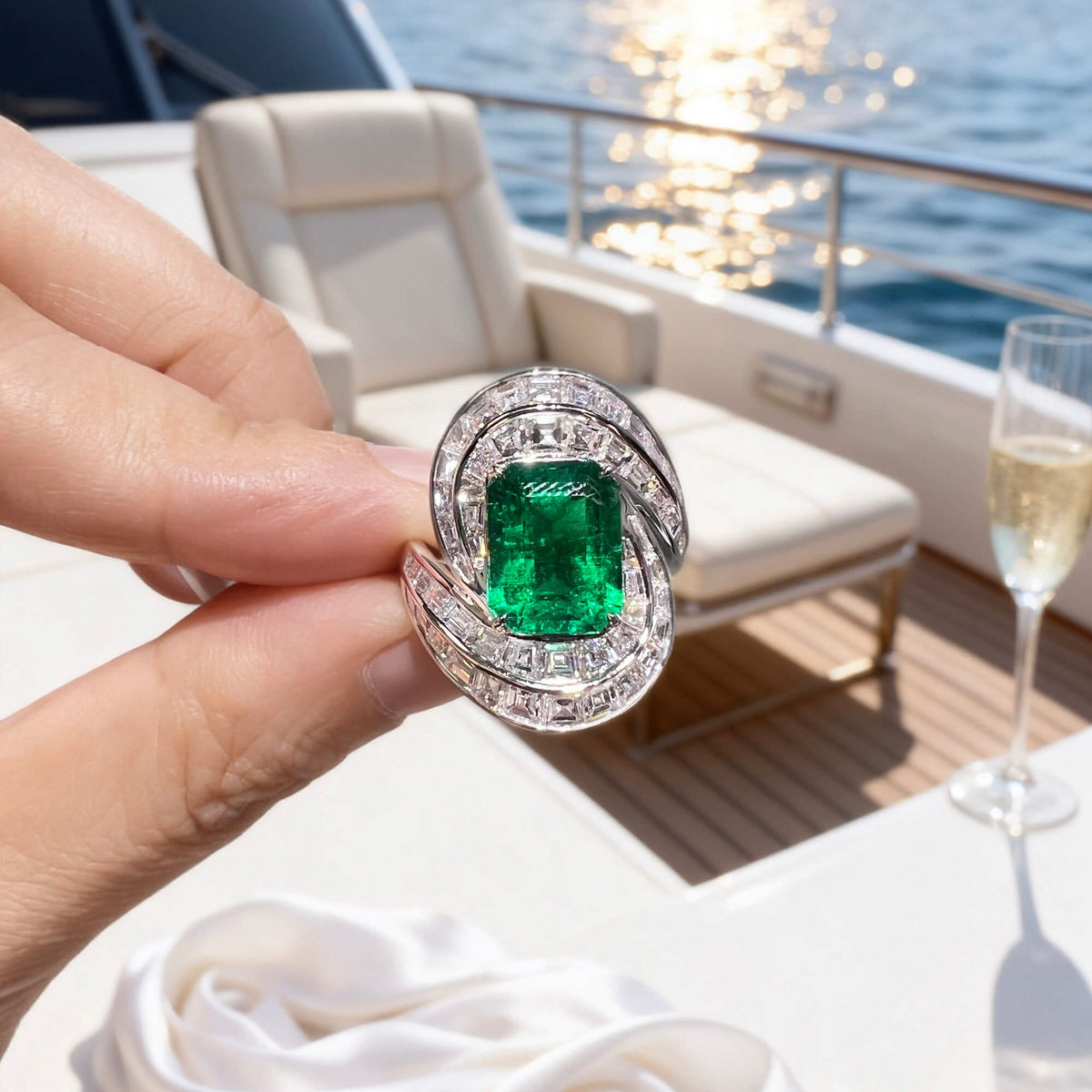 Natural 6.57 Ct. TW Asscher-Cut Colombian Emerald & Diamond Ring, 18K White Gold
