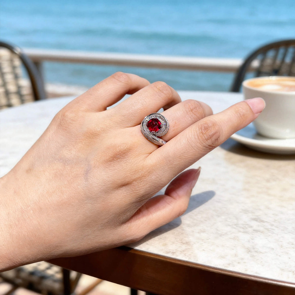Natural 4.88 Ct. TW Cushion-Cut Vivid Red Ruby & Diamond Ring, 18K White Gold