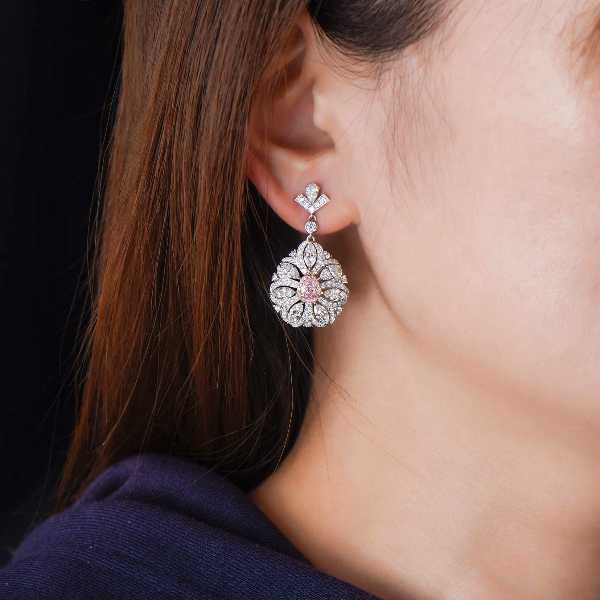 Natural Light Pink & White Diamond Drop Earrings, 18K White Gold, Pear Shape, 5.31 Ct. TW