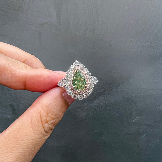 Fancy Grayish Greenish Yellow Diamond Ring, 3.84 Ct. TW, Pear shape, GIA Certified