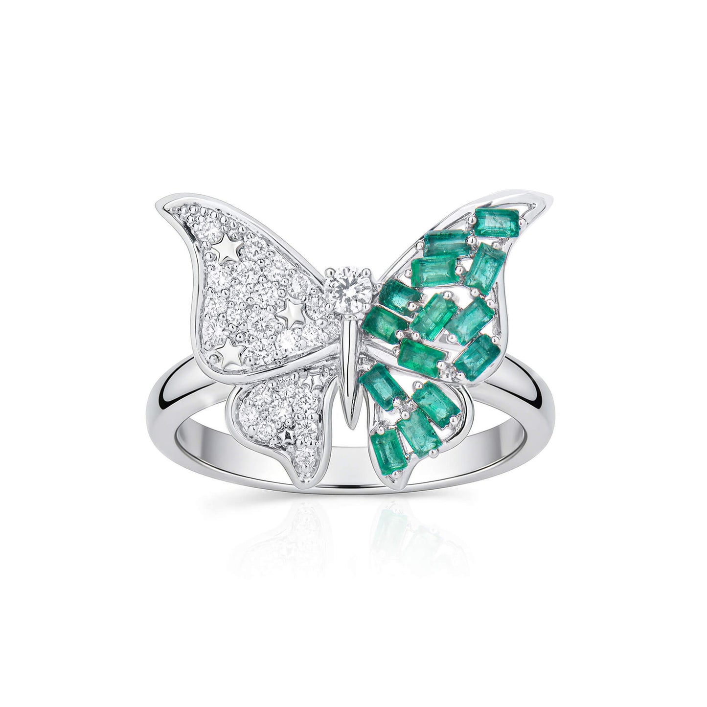 Natural Emerald And Diamond Butterfly Ring, 14K White Gold, 1.96 Ct. TW