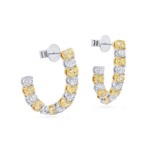 Natural Fancy Yellow & White Hoop Earrings, 18K White & Yellow Gold, Oval Shape, 4.80 Ct. TW