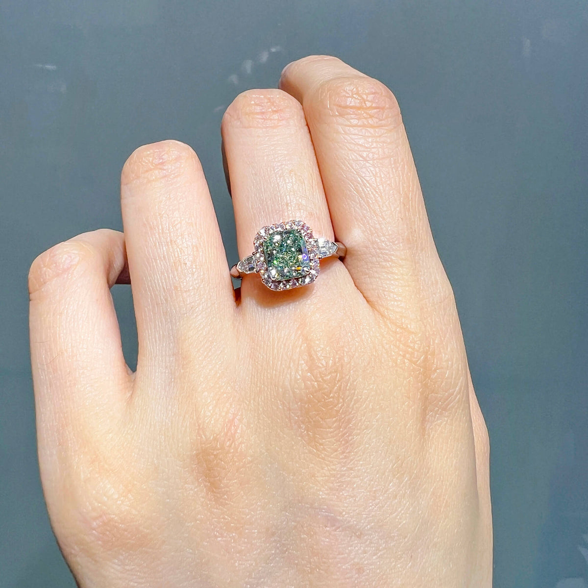 Natural 2.26 Ct. TW Grayish Yellowish Green Radiant-Cut Diamond Halo Ring, 18K White & Rose Gold