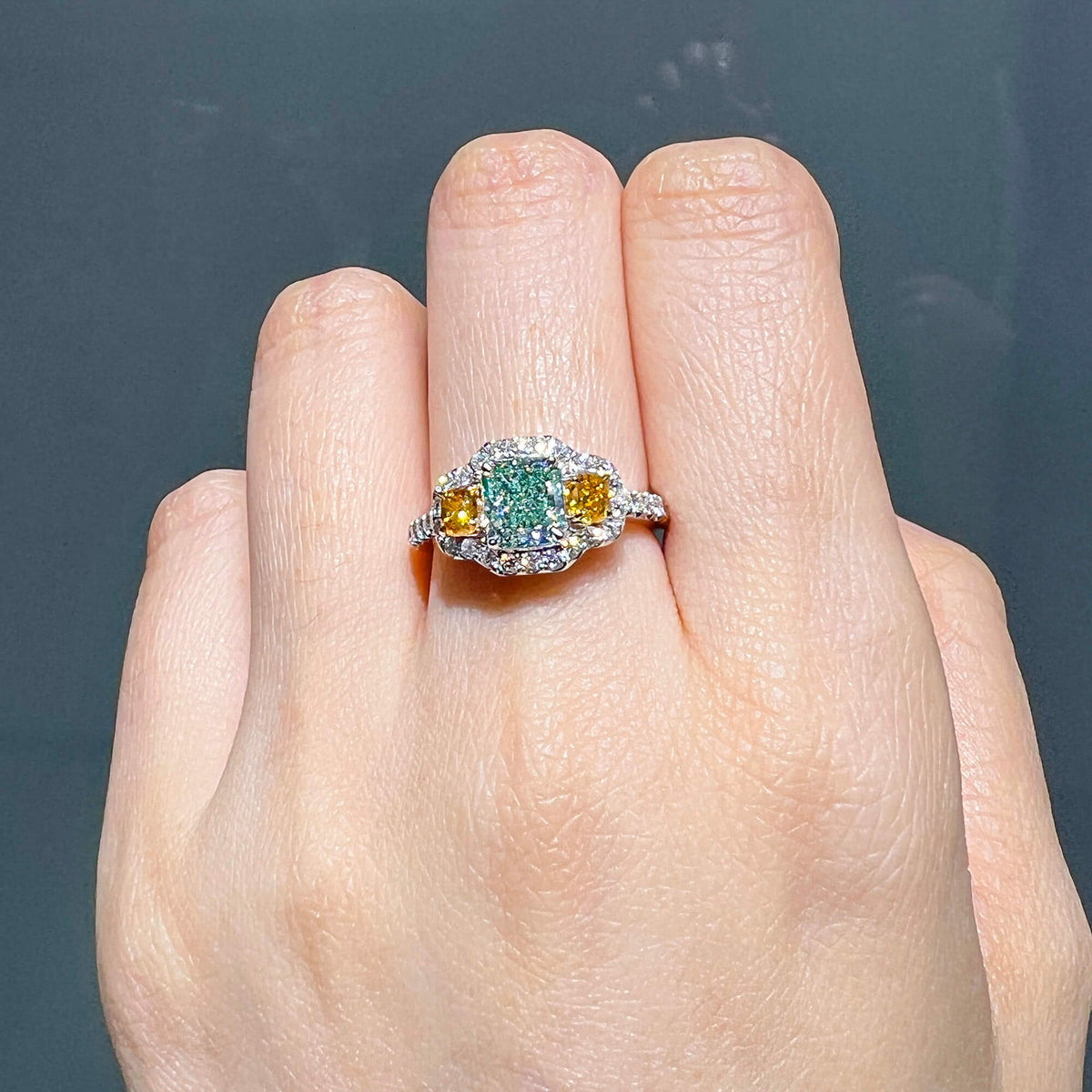Natural Very Light Green Diamond Ring, 18K White Gold, Radiant Shape, 2.05 Ct. TW