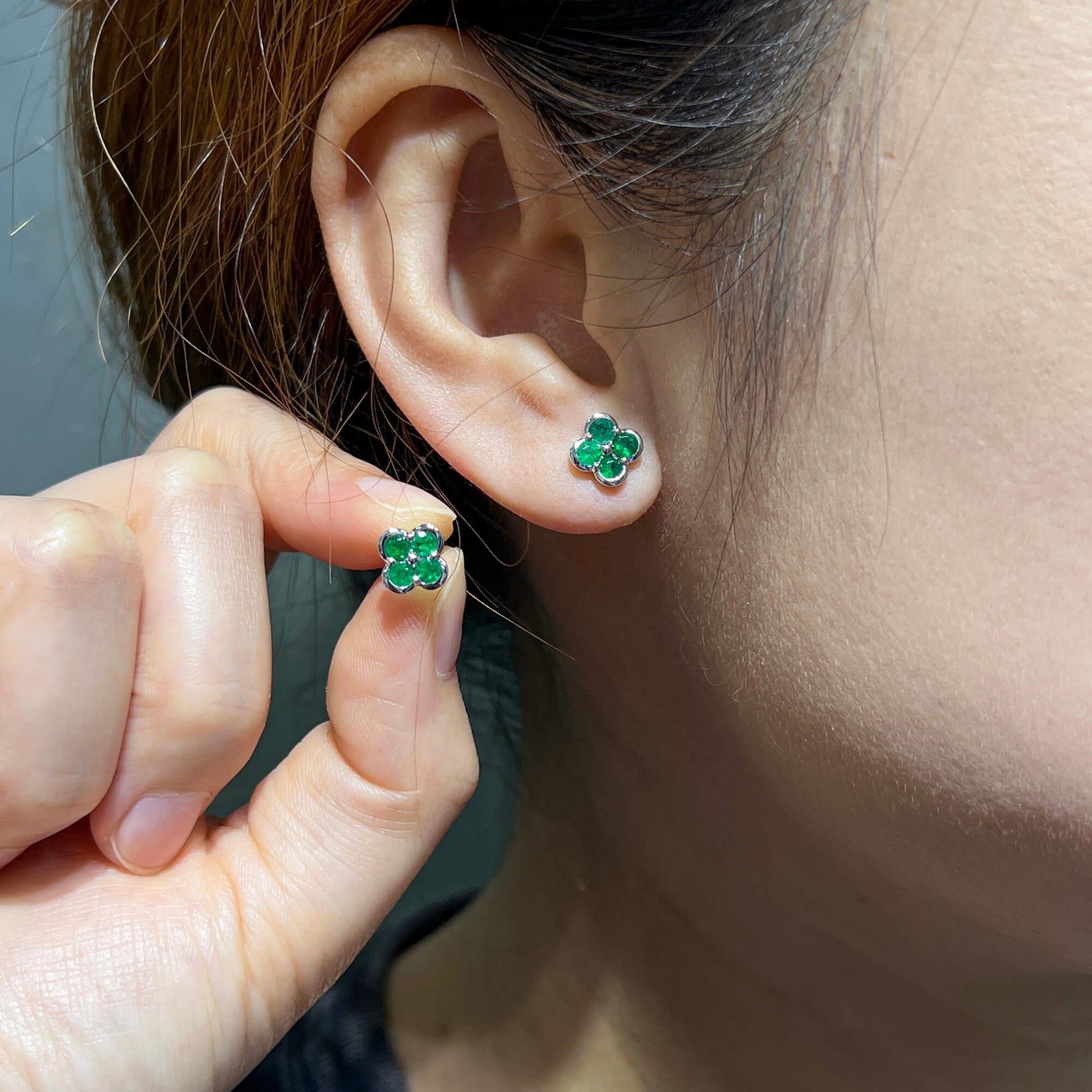 Natural 0.67 Ct. TW Emerald Clover Stud Earrings, 14K White Gold