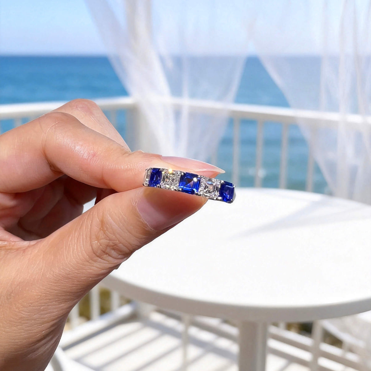 Natural 2.82 Ct. TW Asscher-Cut Sapphire & Diamond Ring, 18K White Gold