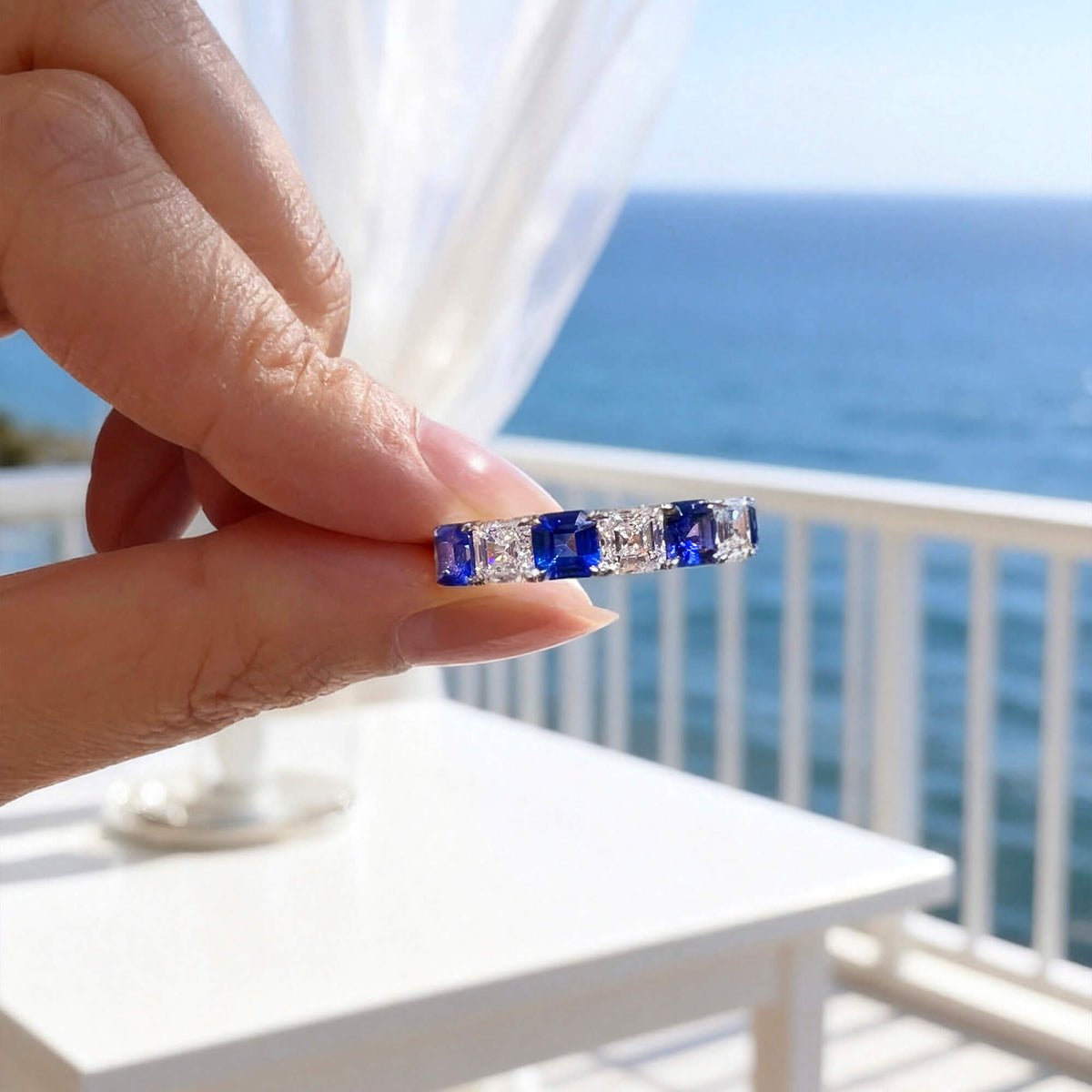 Natural 3.59 Ct. TW Asscher-Cut Sapphire & Diamond Ring, 18K White Gold
