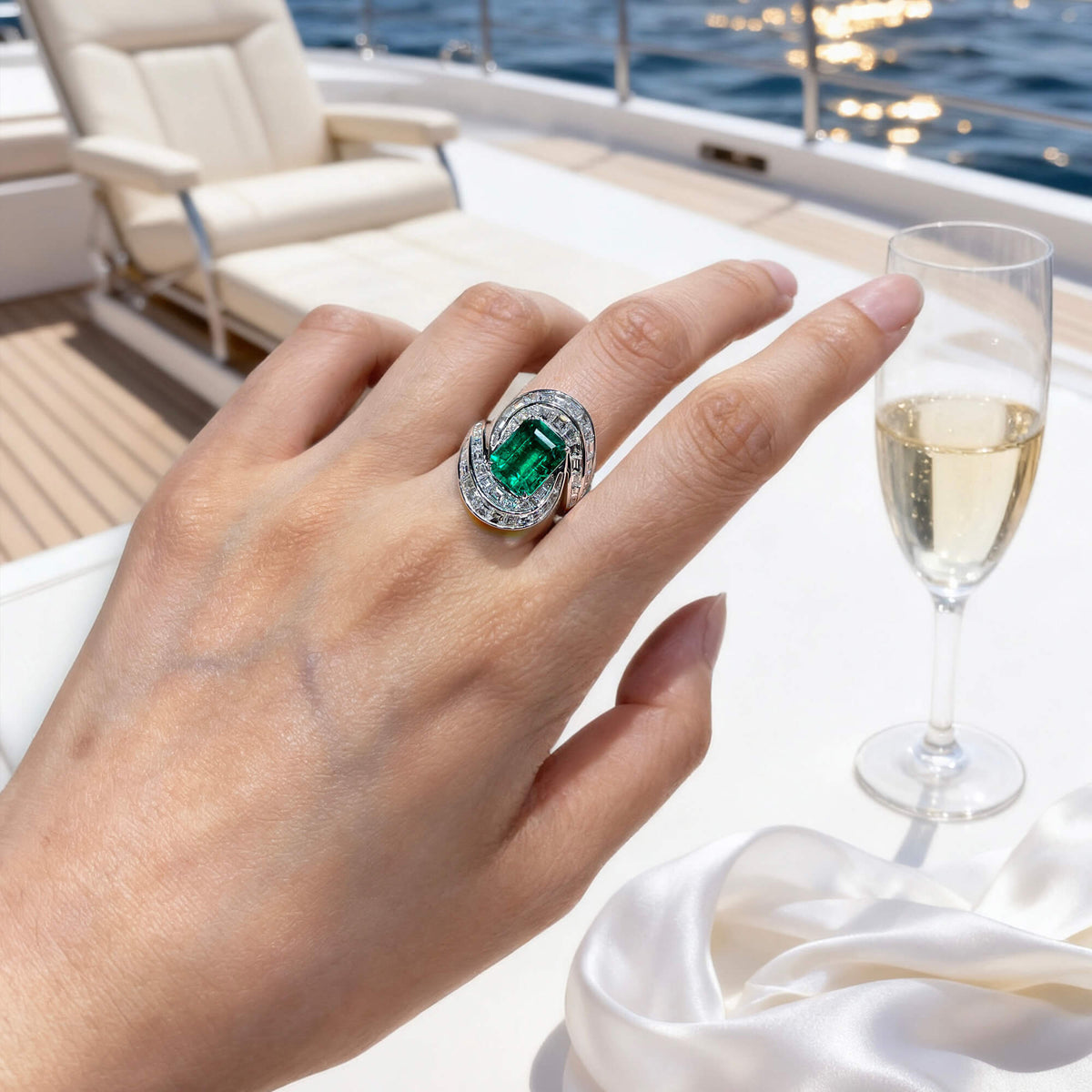 Natural 6.57 Ct. TW Asscher-Cut Colombian Emerald & Diamond Ring, 18K White Gold