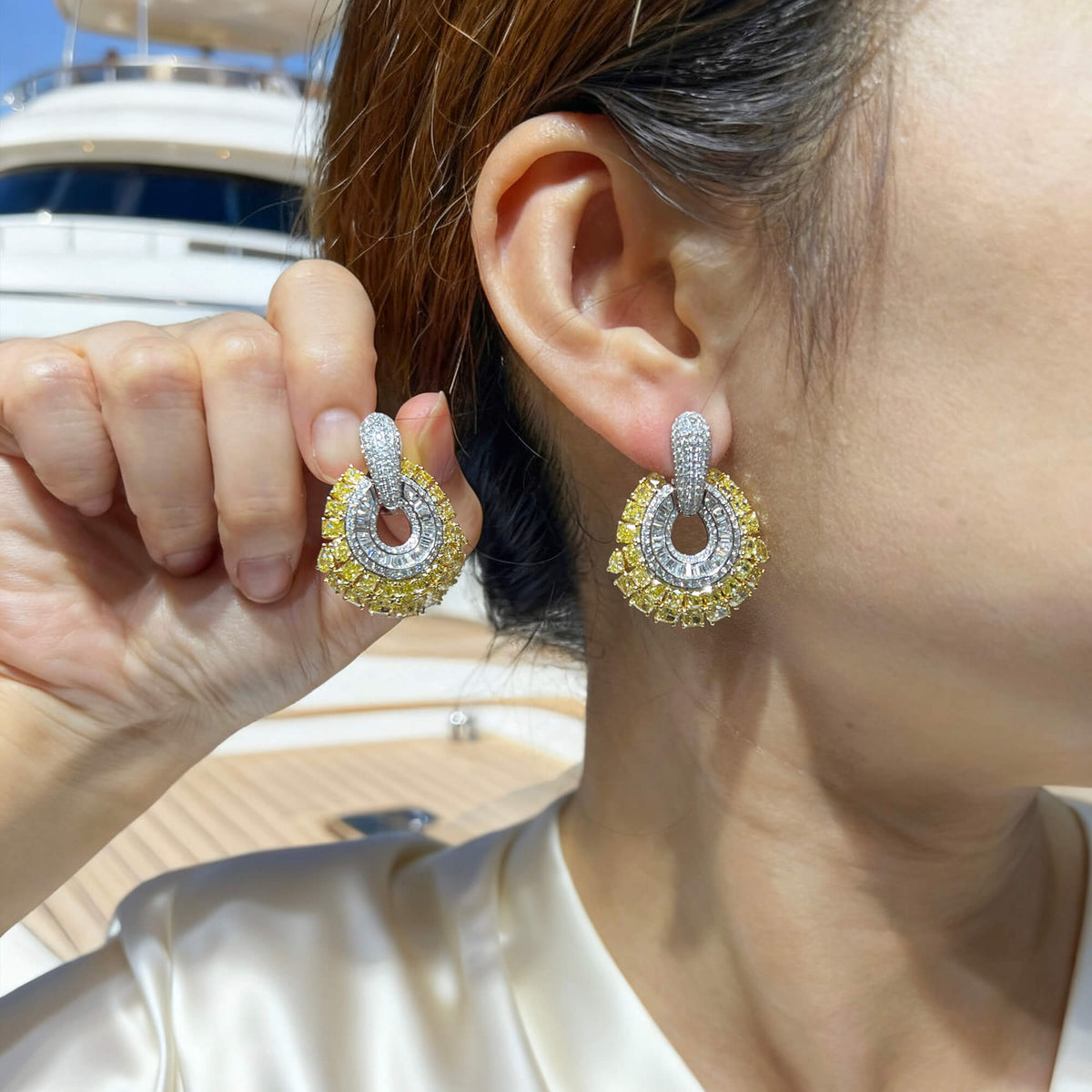 Natural 12.20 Ct. TW Fancy Yellow & White Diamond Earrings, 18K White & Yellow Gold
