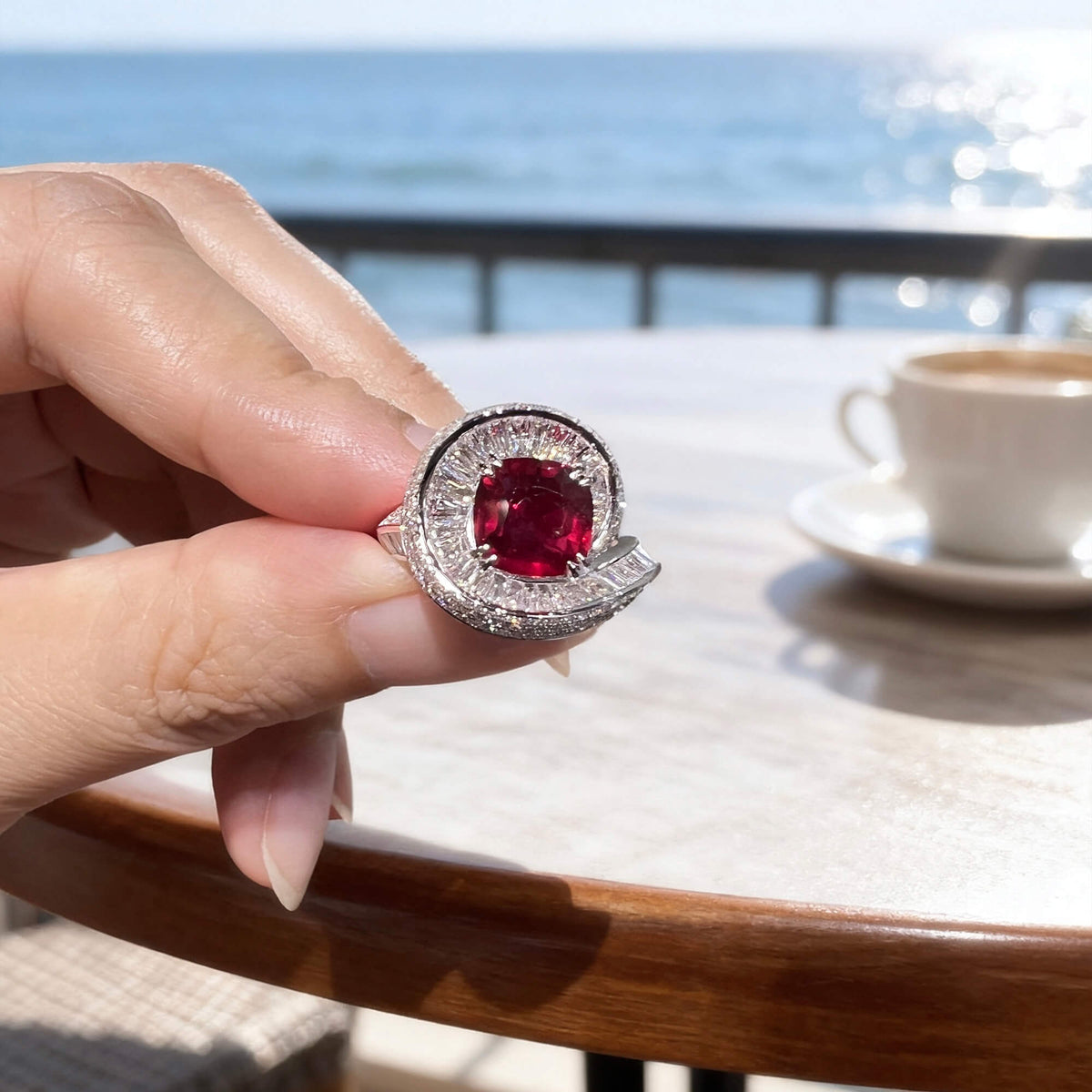Natural 4.88 Ct. TW Cushion-Cut Vivid Red Ruby & Diamond Ring, 18K White Gold
