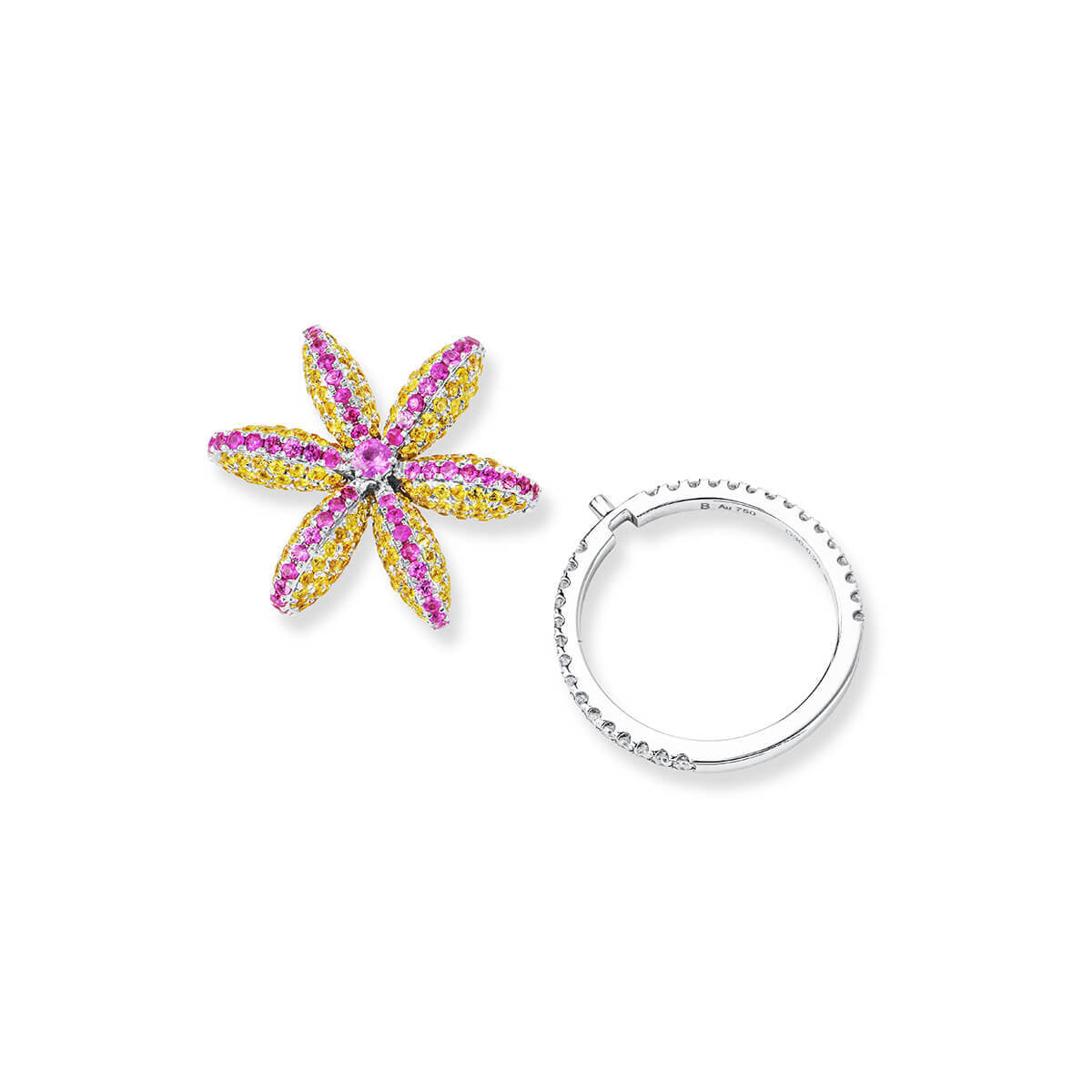 Natural 3.71 Ct. TW Pink & Yellow Sapphire Flower Ring, 18K White Gold