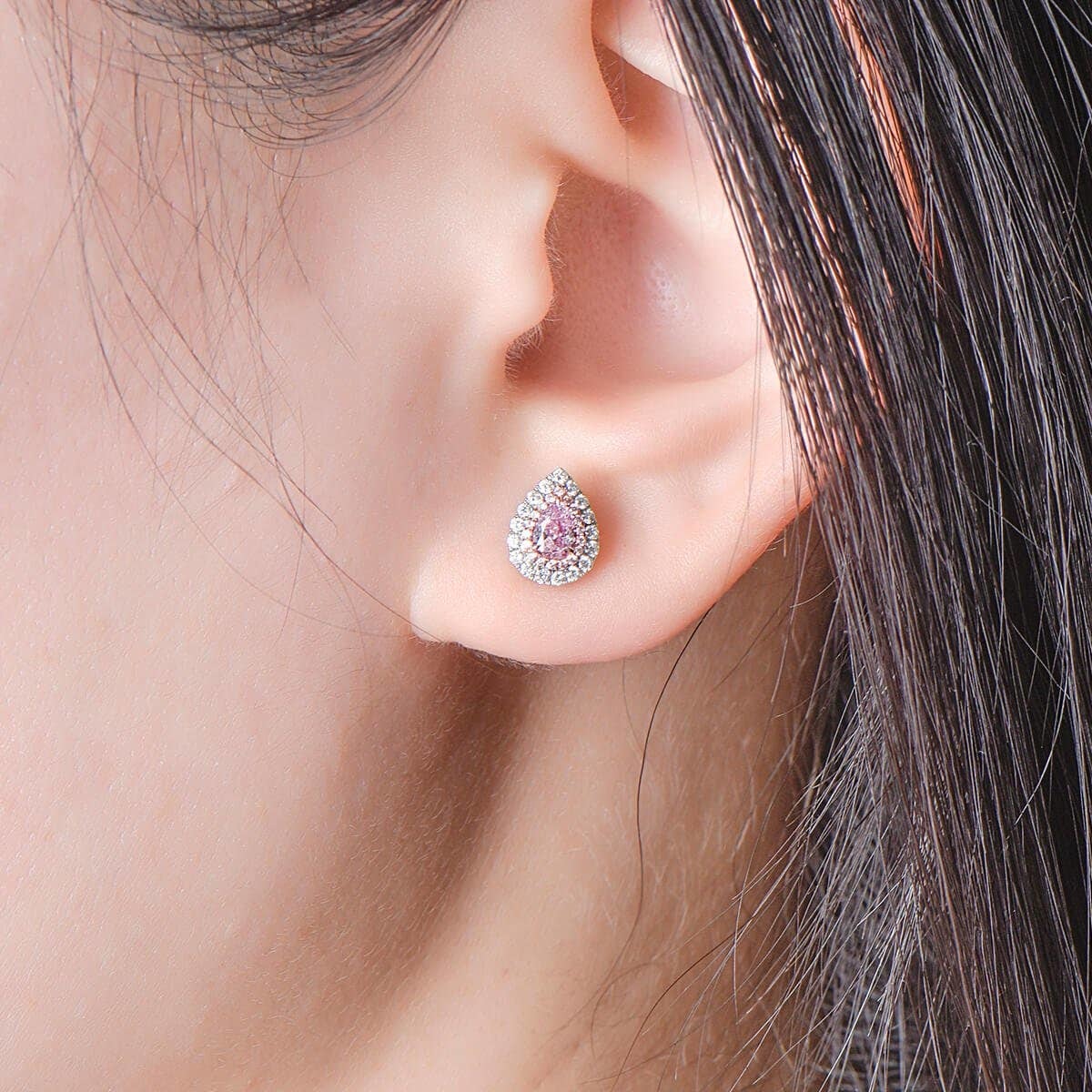 Natural Pink & White Diamond Cluster Earrings, 18K White Gold, Pear Shape, 0.50 Ct. TW