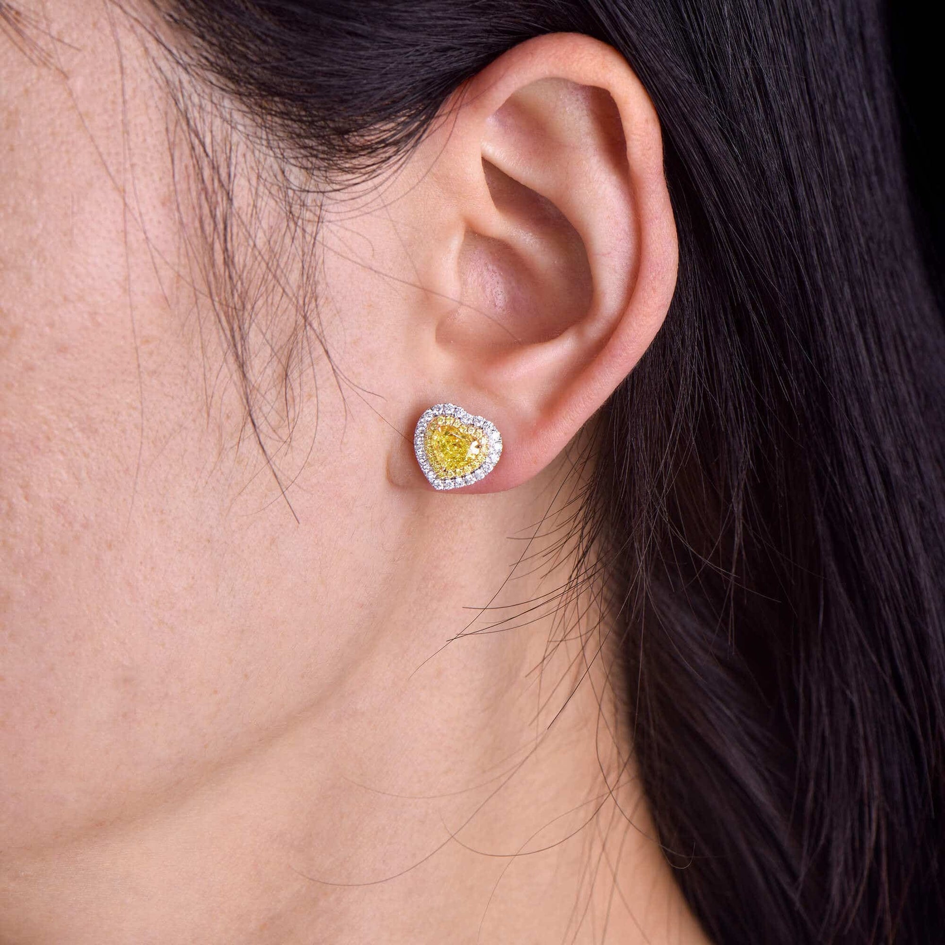 Natural Fancy Yellow & White Cluster Earrings, 18K White & Yellow Gold, Heart Shape, 2.60 Ct. TW