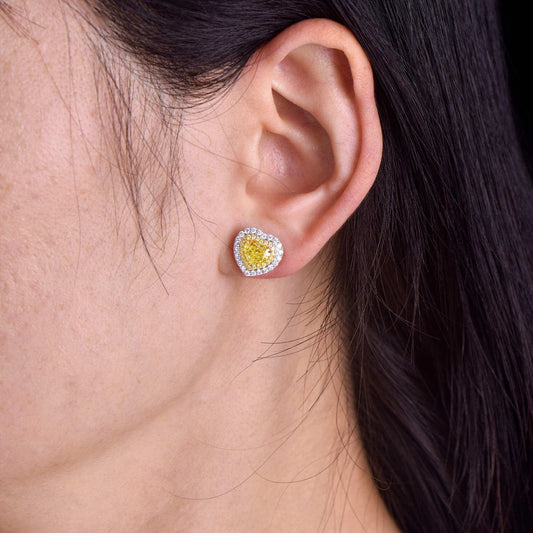 Natural Fancy Yellow & White Cluster Earrings, 18K White & Yellow Gold, Heart Shape, 2.60 Ct. TW