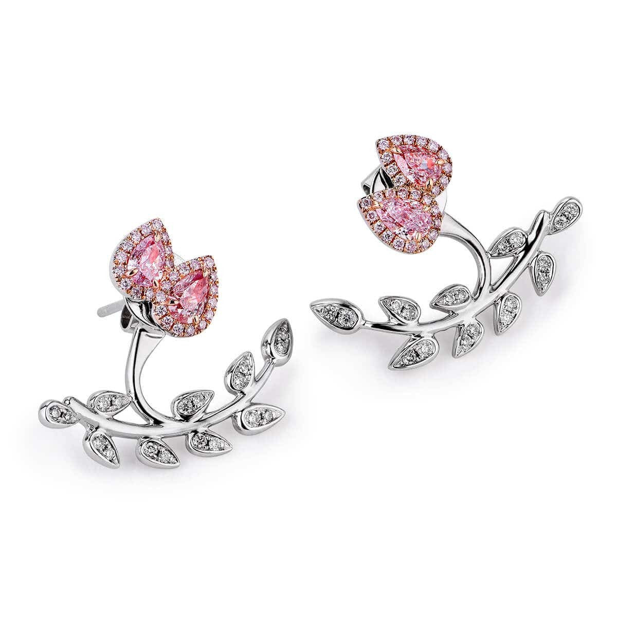 Natural Pink & White Diamond Cluster Earrings, 18K White Gold, Pear Shape, 1.20 Ct. TW