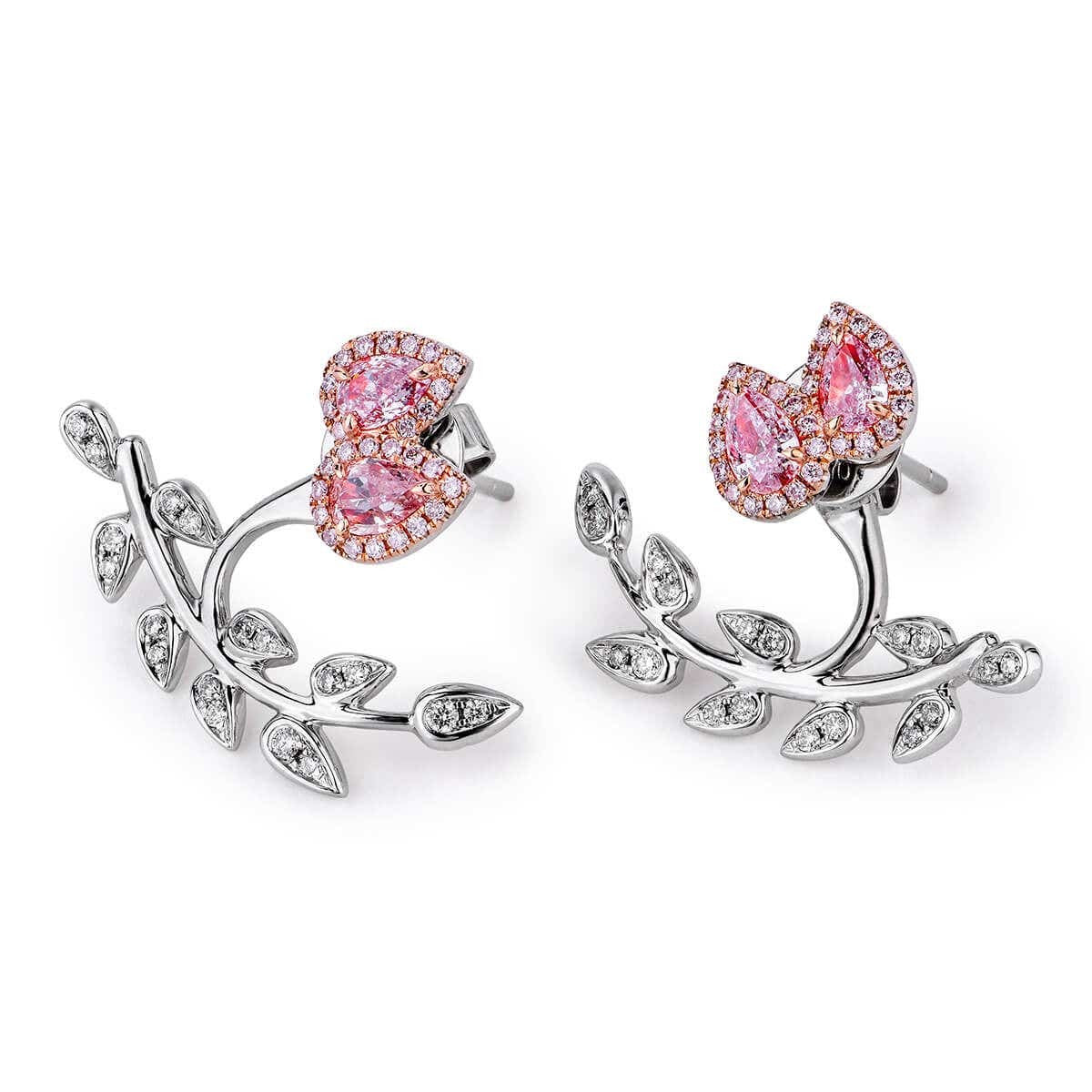 Natural Pink & White Diamond Cluster Earrings, 18K White Gold, Pear Shape, 1.20 Ct. TW