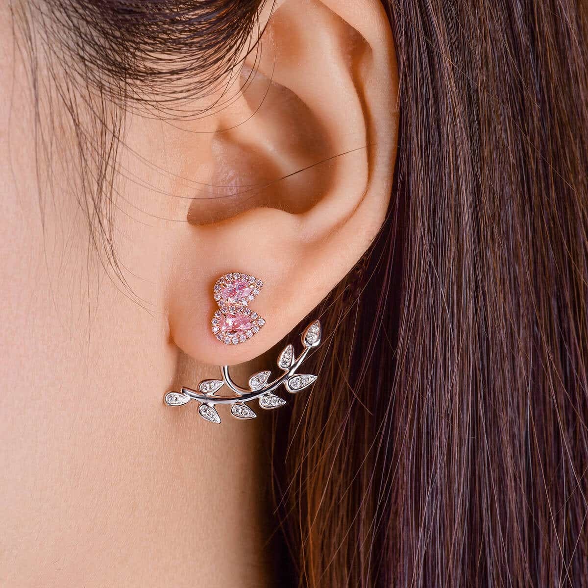 Natural Pink & White Diamond Cluster Earrings, 18K White Gold, Pear Shape, 1.20 Ct. TW