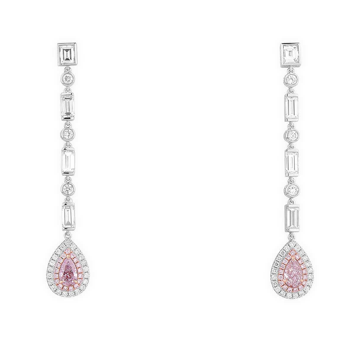 Natural Pink & White Diamond Drop Earrings, 18K White Gold, Pear Shape, 2.90 Ct. TW