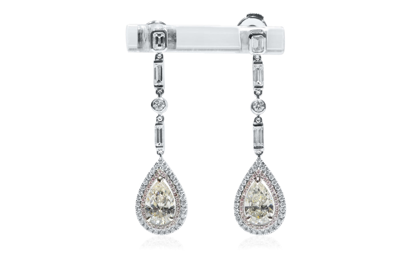 Natural 2.73 Ct. TW Pear-Cut Diamond Double Halo Drop Earrings, 18K White Gold