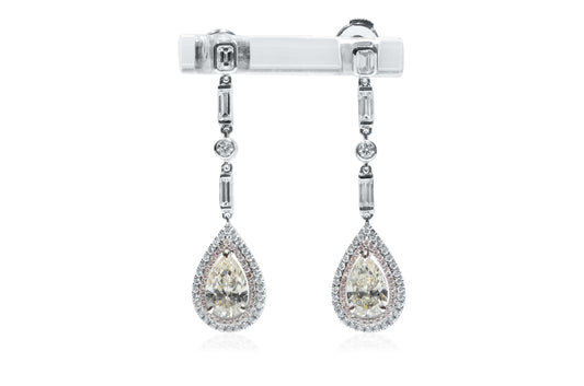 Natural 2.73 Ct. TW Pear-Cut Diamond Double Halo Drop Earrings, 18K White Gold