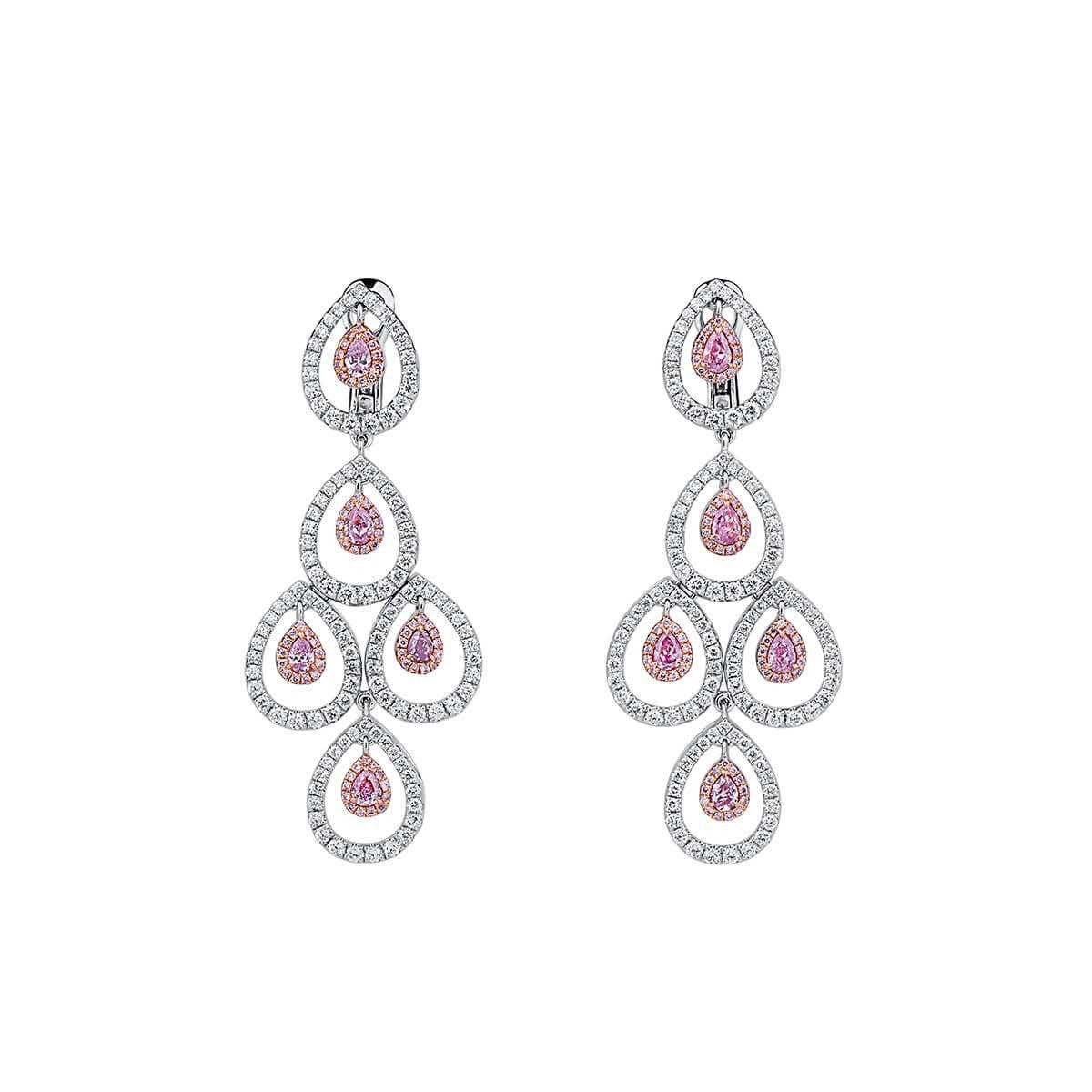 Natural Pink & White Diamond Chandelier Earrings, 18K White Gold, 2.90 Ct. TW
