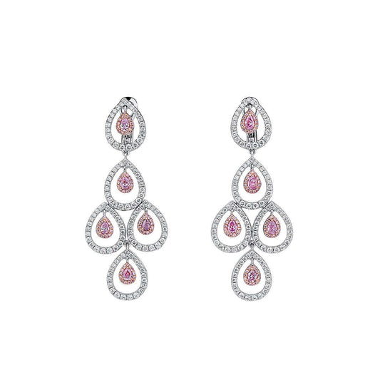 Natural Pink & White Diamond Chandelier Earrings, 18K White Gold, 2.90 Ct. TW