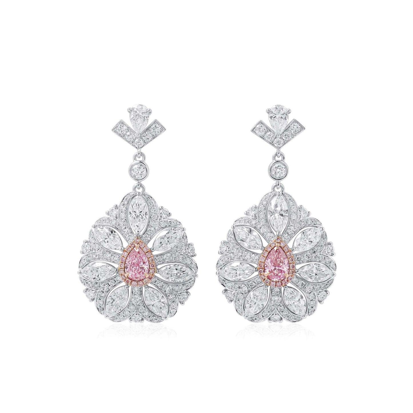 Natural Light Pink & White Diamond Drop Earrings, 18K White Gold, Pear Shape, 5.31 Ct. TW