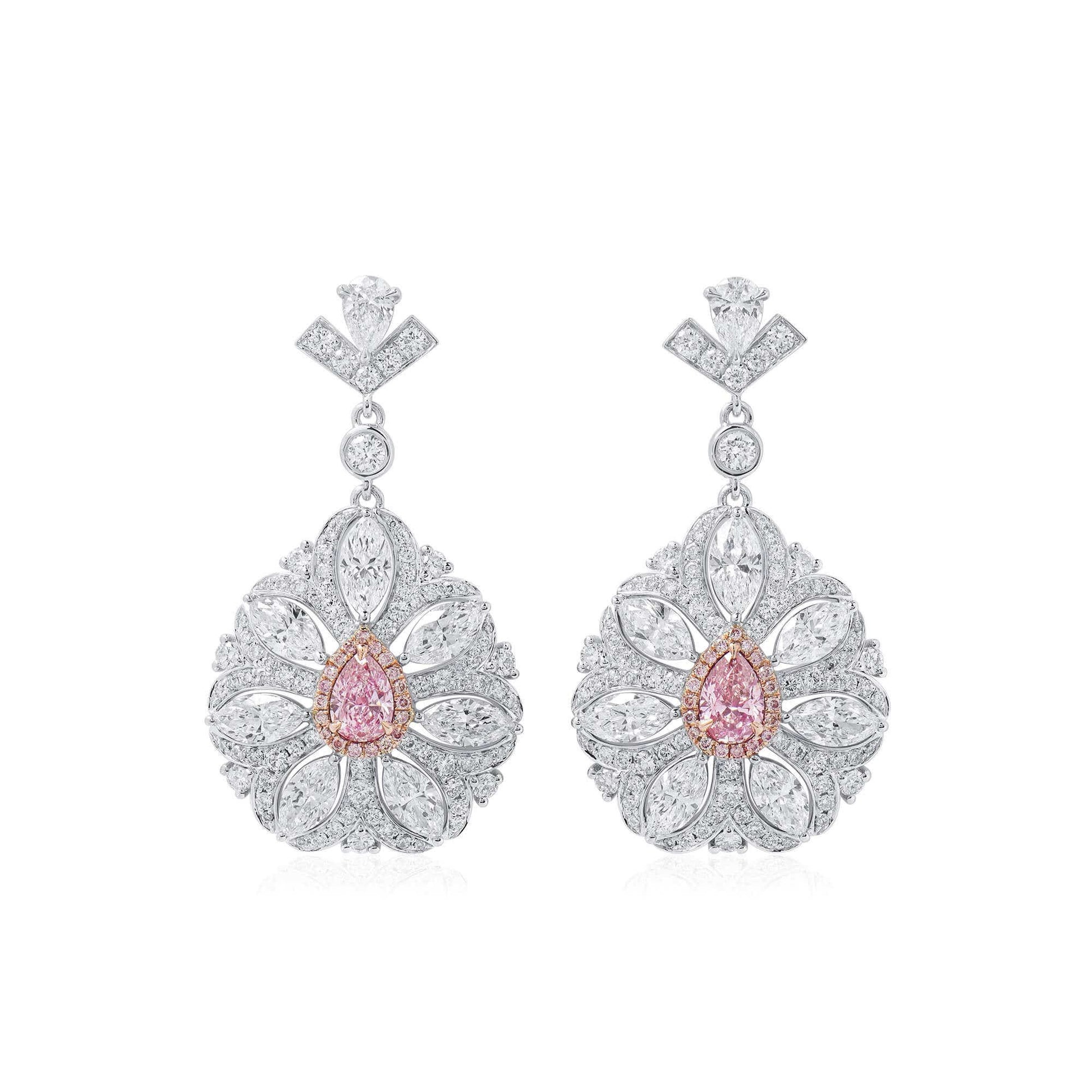 Natural Light Pink & White Diamond Drop Earrings, 18K White Gold, Pear Shape, 5.31 Ct. TW