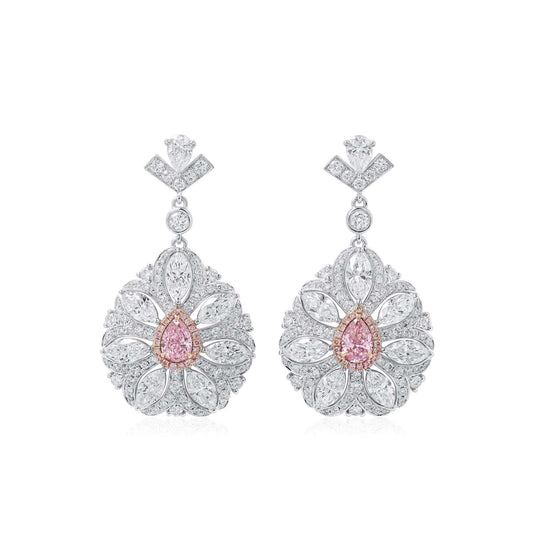 Natural Light Pink & White Diamond Drop Earrings, 18K White Gold, Pear Shape, 5.31 Ct. TW